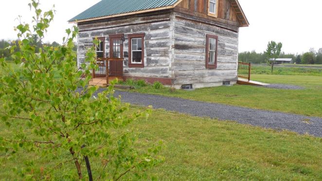 Rustic wooden cabin in grassy field, overcast sky, pathway leading to door.