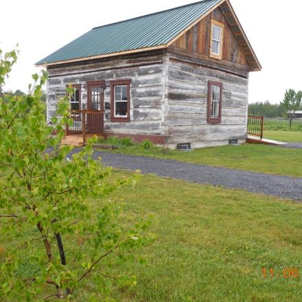 Rustic wooden cabin in grassy field, overcast sky, pathway leading to door.