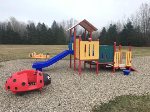 Playground with slides, climbing structure, and a ladybug spring rider on gravel.