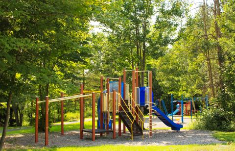 Colourful play structures including slides and swings in a wooded area