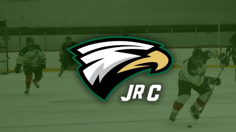 St-Isidore Eagles Logo, modern eagle's head with "Jr C" written in white letters, on a faded green background picturing a hockey game