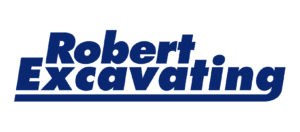 Robert Excavating logo, blue text on transparent background.